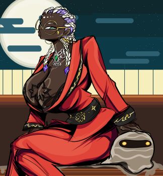 1girl bodypaint bra breasts cleavage curvy dark-skinned_female dark_skin dolores_(kof) dress female_focus formal_clothes glasses gold green_eyes huge_breasts jewelry large_breasts lingerie long_hair multicolored_hair outdoors purple_hair round_eyewear suit the_king_of_fighters thedrown1 thick_thighs thighs two-tone_hair underwear white_hair