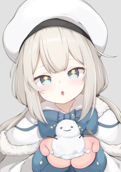 +_+ 1girl absurdres beret blue_eyes brown_hair capelet commentary_request fur-trimmed_capelet fur_trim grey_background hat highres jacket long_hair long_sleeves looking_at_viewer low_twintails mittens original parted_lips pink_mittens senifu simple_background snowman solo sparkle twintails upper_body white_capelet white_hat white_jacket