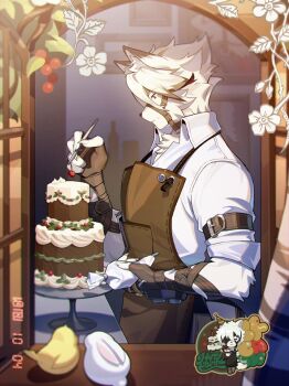 1boy animal_ears bicep_strap bird birthday birthday_cake black_gloves body_fur cake cherry chibi chibi_inset closed_eyes closed_mouth colored_tips dated decorating_baked_goods eyepatch fingerless_gloves flower food from_side fruit furry furry_male gloves hair_between_eyes happy_birthday hat highres holding holding_cake holding_food indoors interspecies looking_at_food multicolored_hair muzzle_(mask) official_art open_window open_window_shutter painting_(object) party_hat shirt sleeves_rolled_up smock solo von_lycaon white_fur white_hair white_shirt window wolf_boy wolf_ears zenless_zone_zero