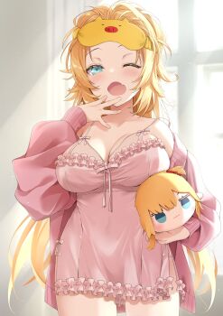 Rule 34 | 1girl, absurdres, akai haato, alternate costume, backlighting, blonde hair, blue eyes, blush, breasts, character doll, character mask, cleavage, cowboy shot, curvy, doll, fang, frilled nightgown, haaton (akai haato), highres, holding, holding doll, hololive, jacket, large breasts, light particles, long hair, looking at viewer, makinan, mask, mask on head, messy hair, nightgown, one eye closed, open mouth, pajamas, pink jacket, pink nightgown, side slit, single bare shoulder, skin fang, sleep mask, sleepwear, solo, spaghetti strap, very long hair, virtual youtuber, window, yawning