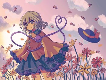 Rule 34 | 1girl, bad id, bad twitter id, black hat, bow, buttons, closed mouth, cloud, collared shirt, commentary, diamond button, eyeball, falling petals, flower, frilled shirt collar, frilled skirt, frilled sleeves, frills, green hair, green skirt, hashtag-only commentary, hat, hat bow, heart, heart of string, komeiji koishi, long sleeves, looking at viewer, no headwear, outdoors, petals, shirt, silverrain, skirt, smile, solo, third eye, touhou, unworn headwear, wide sleeves, yellow bow, yellow shirt