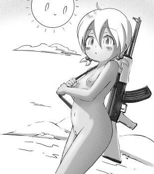 1girl ak-47 assault_rifle blush_stickers cleft_of_venus closed_mouth completely_nude cowboy_shot dark-skinned_female dark_skin feet_out_of_frame female_focus frostyneko gun hair_between_eyes hair_bobbles hair_ornament highres kalashnikov_rifle loli looking_at_viewer monochrome navel nude original pussy rifle short_hair short_twintails sketch solo standing stomach strap sun textless_version thighs twintails uncensored weapon