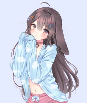 1girl absurdres ahoge animal_ears artist_name blue_shirt brown_hair carrot_hair_ornament choker closed_mouth commentary cowboy_shot english_commentary floppy_ears food-themed_hair_ornament grey_background hair_intakes hair_ornament hairclip heart heart_choker highres loltinami long_hair long_sleeves looking_at_viewer multicolored_eyes navel open_clothes open_shirt pants pink_choker pink_pants print_shirt rabbit_ears self-portrait shirt simple_background solo stomach tinami_(vtuber) two-tone_eyes vdonburi very_long_hair virtual_youtuber watermark