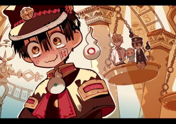 Rule 34 | 1girl, 3boys, analogous colors, behind another, blush, closed mouth, column, full-face blush, hair between eyes, hanako (jibaku shounen hanako-kun), hanoyuta, hat, head bowed, highres, indoors, jibaku shounen hanako-kun, letterboxed, looking at another, male focus, minamoto teru, multiple boys, nervous sweating, official art, outline, oversized object, pillar, short hair, siblings, solo focus, sunlight, sweat, twins, wavy mouth, weighing scale, white outline, will-o'-the-wisp (mythology), yashiro nene, yugi tsukasa