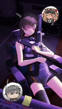 Rule 34 | 1boy, 2girls, 45sensei, :3, absurdres, armor, black gloves, black hair, black jacket, black thighhighs, blush, blush stickers, breastplate, brown hair, chair, chibi, chibi inset, closed eyes, commander (girls' frontline), commentary, commission, covenant halo (girls' frontline 2), crossed bangs, double-parted bangs, elmo dormitory outfit, english commentary, fang, girls' frontline, girls' frontline 2: exilium, gloves, gun, h&amp;k ump, hair between eyes, head-mounted display, heart, highres, holding, holding gun, holding weapon, jacket, lenna (girls' frontline 2), leva (girls' frontline 2), long hair, long sleeves, magazine (weapon), motion lines, multiple girls, one side up, open clothes, open jacket, red eyes, shirt, short hair, sidelocks, single thighhigh, sleeping, smile, solo focus, speech bubble, submachine gun, suppressor, thighhighs, thought bubble, twintails, ump45 (girls' frontline), ump9 (girls' frontline), waving, weapon, white shirt, zzz