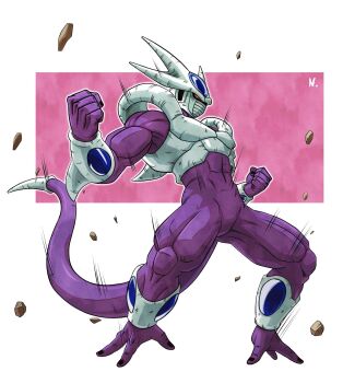 1boy clenched_hands colored_skin cooler_(dragon_ball) covered_mouth debris dragon_ball dragonball_z full_body highres naouuma_art purple_skin purple_tail red_eyes simple_background solo white_background