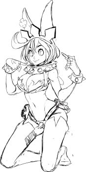 bob_cut boots breasts bullet cleavage cleft_of_venus clover codpiece collar detached_sleeves elphelt_valentine fingerless_gloves four-leaf_clover gloves guilty_gear hairband highres large_breasts midriff navel rabbit_ears short_hair spiked_collar spikes teevo thighhighssketch