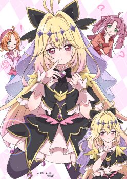 Rule 34 | !, 3girls, ?, absurdres, ahoge, akechi anna, antenna hair, black dress, black ribbon, blonde hair, blush, brown hair, commentary request, cure arcana shadow, dress, foolforpriconne, gem, green eyes, hair ornament, hat, highres, jewelry, kobayashi mikuru, light particles, long hair, looking at viewer, meitantei precure!, moria luluka, multicolored hair, multiple girls, neck ribbon, necklace, open mouth, pout, precure, purple veil, red eyes, ribbon, ribbon hair, short hair, signature, simple background, skirt, sparkle, thinking, twintails, two-tone hair, veil, white wrist cuffs, wrist cuffs