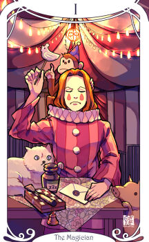 1boy ace_attorney ace_attorney_investigations ace_attorney_investigations_2:_prosecutor's_gambit animal animal_on_head arm_up bell card_(medium) cat chessboard chisel circus_tent closed_eyes clown clown_boy envelope facepaint facial_mark hand_on_table holding male_focus medium_hair monkey neck_ruff on_head parted_bangs pig red_hair saginoko sarushiro_souta solo spoilers string_of_light_bulbs striped_clothes table tarot teardrop_facial_mark the_magician_(tarot) vertical-striped_clothes white_facepaint