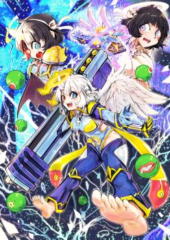 3girls absurdres angel angel_wings asymmetrical_wings azazel_(helltaker) barefoot breasts clothing_cutout commission cross demon_girl demon_wings digimon digimon_(creature) fallen_angel fangs fangs_out fusion helltaker henshin henshin_pose highres hip_vent horns icarus_(2010741) looking_at_viewer loremaster_(helltaker) magnaazazelmon magnagarurumon mismatched_wings multiple_girls pixiv_commission pixiv_user_(3406099) sephirothmon smile spirit_evolution wings