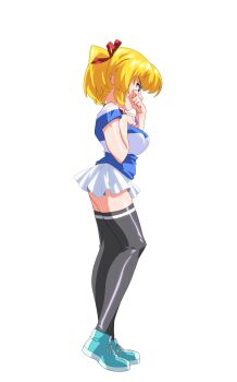 1girl anime_coloring black_thighhighs blonde_hair blue_eyes breasts choker from_side full_body game_asset hair_ribbon highres katase_miki large_breasts large_variant_set mahotama maki_daikichi miniskirt off-shoulder_shirt off_shoulder official_art pleated_skirt profile red_ribbon ribbon shirt shoes short_sleeves simple_background skirt solo standing striped_clothes striped_shirt tachi-e tears thighhighs third-party_source transparent_background tsurime twintails variant_set visual_novel_cg white_skirt wiping_tears