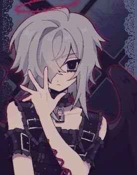 2000s_(style) arm_piercing art_fight_attack borrowed_character corset_piercing faux_retro_artstyle feebii gift_art halo keyhole lock long_hair looking_at_viewer original red_pupils solo spiked_halo tsurime visual_kei
