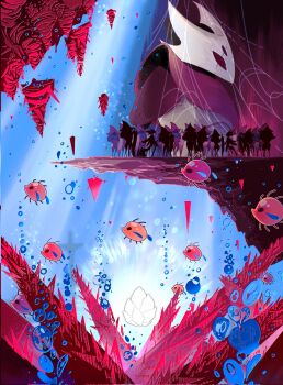 1boy 6+others abstract_background armor arthropod_boy black_background blue_background blue_scarf bubble cliff colored_skin crust_king_khann_(hollow_knight) diymivokin extra_eyes facing_to_the_side falling_rock flower glowing_flower gradient_background grey_skin helmet highres holding holding_sword holding_weapon hollow_eyes hollow_knight hollow_knight:_silksong horned_mask kai_(hollow_knight) kakri_(hollow_knight) karaka_(hollow_knight) light_rays looking_at_another looking_to_the_side mask mature_male multiple_others orange_skin pauldrons pink_armor pink_background pink_helmet pink_skin planted planted_sword planted_weapon red_skin scar scar_across_eye scar_on_face scarf shoulder_armor silhouette silk spider_web spikes statue steelspine_kai_(hollow_knight) sword two-tone_background underwater water weapon white_flower white_mask wings