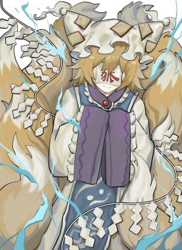 1girl animal_hat aura blonde_hair blue_tabard closed_mouth covered_eyes cowboy_shot dress facing_viewer fox_girl fox_tail hat highres long_sleeves mob_cap multiple_tails own_hands_together shiye_hong short_hair smile solo split_mouth tabard tail touhou translated white_dress white_hat wide_sleeves yakumo_ran