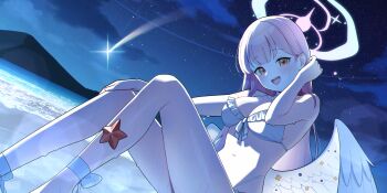 1girl absurdres bare_shoulders bikini blue_archive blush breasts choker cleavage collarbone commentary_request feet_out_of_frame frilled_bikini frills halo highres jirari long_hair looking_at_viewer mika_(blue_archive) mika_(swimsuit)_(blue_archive) navel night official_alternate_costume official_alternate_hairstyle open_mouth outdoors pink_hair pink_halo shooting_star solo stomach swimsuit very_long_hair white_bikini white_choker yellow_eyes