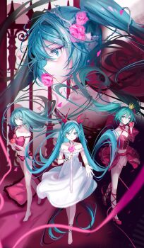 4girls abstract_background absurdres anklet apple arm_behind_back arm_tattoo armpit_peek armpits bare_legs bare_shoulders barefoot black_background black_bow black_choker blue_eyes blue_hair bow bracelet camisole cane chain choker collarbone colorful_background costume_request crown detached_sleeves dress eyelashes eyeshadow facing_to_the_side facing_viewer falling_petals feathers fence floating_clothes floating_hair flower flower_in_mouth food frilled_dress frilled_pillow frilled_skirt frilled_sleeves frills fruit gold_bracelet gold_crown gradient_background hair_between_eyes hair_flower hair_intakes hair_ornament halterneck hashtag-only_commentary hatsune_miku headphones highres holding holding_cane holding_food holding_fruit iron_bars jewelry legs long_hair looking_at_viewer looking_to_the_side makeup mary_janes midriff midriff_peek miniskirt multiple_bracelets multiple_girls multiple_persona navel necklace number_tattoo panties parted_lips petals pillow pink_background pink_camisole pink_eyeshadow pink_flower pink_panties pink_petals pink_pillow pink_ribbon pink_rose pink_shorts pink_sleeves pleated_skirt polka_dot polka_dot_camisole polka_dot_panties profile red_bow red_feathers red_ribbon red_shoes red_skirt ribbon romeo_to_cinderella_(vocaloid) rose shoes shorts sidelocks skirt strap_slip tattoo thighs twintails underwear very_long_hair vocaloid white_background white_cane white_dress wide_sleeves zhongji_yaoguai