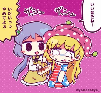 2girls biwa_lute blonde_hair blush_stickers brown_dress chibi cloud cloudy_sky clownpiece commentary_request crying crying_with_eyes_open deep_wound dress flower hair_flower hair_ornament hat highres injury instrument jester_cap long_hair long_sleeves looking_at_viewer lute_(instrument) multiple_girls purple_eyes purple_hair revision sky tears touhou translated tsukumo_benben twitter_username yamadakyou_kurotan