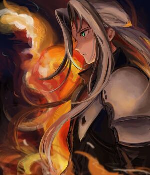 1boy armor black_jacket collared_jacket commentary english_commentary eyelashes final_fantasy final_fantasy_vii fire floating_hair green_eyes grey_hair hair_intakes hiceberg104 highres jacket long_hair looking_to_the_side male_focus night open_mouth pauldrons scene_reference sephiroth shoulder_armor slit_pupils