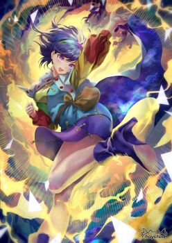 1girl :d aura belt boots breasts brown_belt cape cloak cloud_print dress hairband hayaten high_heel_boots high_heels highres medium_breasts multicolored_dress multicolored_hairband open_mouth patchwork_clothes pointing pointing_up pouch puffy_sleeves purple_boots purple_eyes purple_hair rainbow_gradient rainbow_hairband short_hair sky_print smile solo teeth tenkyuu_chimata touhou two-sided_cape two-sided_fabric upper_body upper_teeth_only white_cape white_cloak yellow_aura