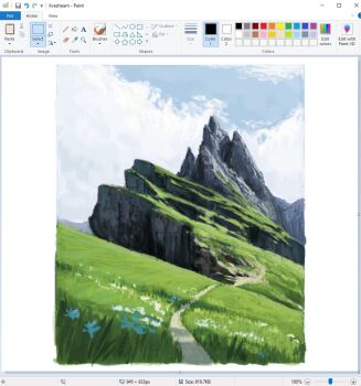 art_program_in_frame blue_flower blue_sky christian_young cliff cloud cloudy_sky english_text flower landscape microsoft_paint_(medium) microsoft_paint_(software) mountainous_horizon no_humans original outdoors painterly path road rock scenery screencap sky