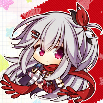 1girl 7:08 :/ asymmetrical_legwear black_ribbon blush book chibi chibi_only closed_mouth commentary_request fringe_trim frown full_body grey_hair hair_ribbon hanasaki_work_spring highres holding holding_book jacket long_hair long_sleeves looking_at_viewer miniskirt mismatched_legwear one_side_up open_book outline plaid_clothes plaid_skirt pleated_skirt red_background red_eyes red_ribbon red_scarf red_skirt ribbon scarf school_uniform shiranui_inori sidelocks simple_background sitting skirt solo striped_clothes striped_thighhighs thighhighs two-tone_background very_long_hair white_background white_outline yellow_jacket