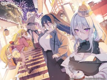 4girls aerial_fireworks ahoge azur_lane black_hair black_pantyhose blonde_hair breasts cleavage closed_mouth coat commentary_request eldridge_(azur_lane) enterprise_(azur_lane) fireworks food_in_mouth grey_hair kansas_(azur_lane) kearsarge_(azur_lane) large_breasts long_hair looking_at_viewer manjuu_(azur_lane) multiple_girls navel official_art open_clothes open_coat outdoors pantyhose parted_lips purple_eyes running second-party_source shirt skirt smile stairs standing very_long_hair white_shirt