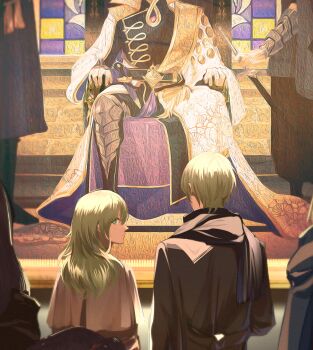 1boy 1girl 4others art_gallery black_coat black_hair black_scarf coat contemporary dagger dual_persona en_(enxxx) female_byleth_(awakened)_(fire_emblem) female_byleth_(fire_emblem) fire_emblem fire_emblem:_three_houses green_eyes green_hair knife long_sleeves looking_at_viewer looking_back male_byleth_(awakened)_(fire_emblem) male_byleth_(enlightened_one)_(fire_emblem) male_byleth_(fire_emblem) medium_hair multiple_others museum mystical_high_collar nintendo official_alternate_eye_color official_alternate_hair_color portrait_(object) scarf shadow short_hair sitting weapon