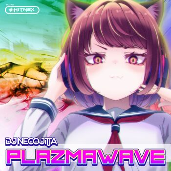 Rule 34 | 1girl, :3, album cover, animal ears, blue sailor collar, bob cut, cat ears, character name, commentary request, cover, dj necojita, english text, eyelashes, fang, headphones, highres, hitnex, j-core, kobaryo, long sleeves, looking at viewer, neckerchief, official art, purple hair, red neckerchief, sailor collar, school uniform, serafuku, short hair, skin fang, slit pupils, solo, upper body