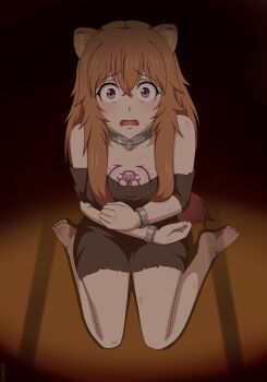 1girl animal_ear_fluff animal_ears artist_name breasts brown_dress brown_hair bruise bruise_on_arm bruise_on_leg chest_tattoo cleavage collar commentary dress english_commentary eyelashes full_body hair_between_eyes highres injury loli long_hair looking_up messy_hair metal_collar metal_wrist_cuffs mixed-language_commentary omukade open_mouth pink_eyes raccoon_ears raccoon_girl raccoon_tail raphtalia raphtalia_(young) scared short_dress signature sitting slave slave_brand solo straight-on strapless strapless_dress tail tate_no_yuusha_no_nariagari tattoo variant_set wariza wide-eyed