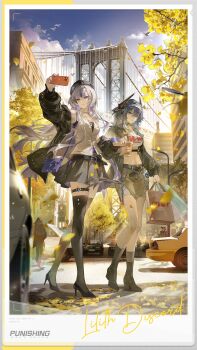 2girls 3others absurdres arm_up armpit_peek bag belt belt_buckle black_belt black_choker black_jacket black_shoes black_thighhighs blue_eyes blue_hair breasts bridge brown_skirt buckle building car cellphone chain character_name choker closed_mouth collared_shirt colored_inner_hair commentary copyright_name cropped_shirt cup discord_(pgr) disposable_coffee_cup disposable_cup english_commentary facial_tattoo falling_leaves fingernails flock full_body grey_hair hair_between_eyes hairband harness headgear high_heels highres holding holding_bag holding_cup holding_phone holding_removed_eyewear jacket jacket_partially_removed leaf lilith_(pgr) long_hair long_sleeves looking_at_object looking_at_viewer medium_breasts medium_hair motor_vehicle multicolored_hair multiple_girls multiple_others nail_polish navel official_art open_clothes open_jacket outdoors paper_bag phone picture_frame puffy_sleeves punishing:_gray_raven purple_bag purple_choker purple_eyes purple_hair purple_nails shadow shirt shoes shoulder_bag sign skirt sleeveless sleeveless_shirt sleeves_past_wrists smartphone spade_(shape) spade_tattoo standing stomach sun sunglasses tattoo thigh_strap thighhighs traffic_light tree truss_bridge unworn_eyewear white_hairband white_shirt white_skirt