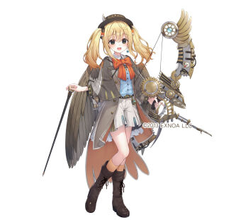 Rule 34 | 1girl, :d, alice (sennen sensou aigis), arrow (projectile), black boots, blonde hair, blue shirt, boots, bow, bow (weapon), brown hat, brown socks, character request, check character, collared shirt, commentary request, compound bow, dress shirt, full body, grey eyes, grey jacket, grey shorts, hair between eyes, hat, highres, holding, holding arrow, holding bow (weapon), holding weapon, jacket, long hair, long sleeves, looking at viewer, official art, open clothes, open jacket, open mouth, puffy long sleeves, puffy sleeves, red bow, sennen sensou aigis, shirt, shorts, simple background, smile, socks, solo, standing, standing on one leg, tsuchikure, twintails, weapon, white background