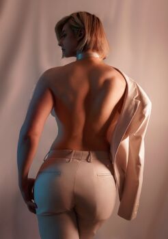 1girl ass back biceps blonde_hair blue_lips commentary cosplay cosplay_photo cowboy_shot deltoids emma_frost emma_frost_(cosplay) from_behind highres jacket lapels lipstick makeup marvel marvel_rivals median_furrow miss_faves muscular muscular_female notched_lapels pants photo_(medium) real_life short_hair solo suit_jacket topless_female triceps unworn_clothes white_pants x-men