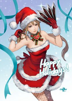 arm_up blonde_hair bow bowtie breasts chibi cleavage detached_collar dress fishnet_pantyhose fishnets fur-trimmed_dress fur-trimmed_gloves fur_trim gloves hat knife large_breasts long_hair merry_christmas mitsuya musou_orochi official_alternate_costume on_shoulder pantyhose ponytail red_gloves santa_costume santa_dress santa_hat shin_sangoku_musou sima_zhao throwing_knife wang_yuanji_(shin_sangoku_musou) weapon