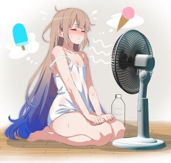1boy blonde_hair blue_hair blush bottle captain_nemo_(fate) chemise closed_eyes electric_fan fate/grand_order fate_(series) food gradient_hair highres ice_cream kneeling multicolored_hair nemo_(fate) sidelocks solo speech_bubble sweat thighs thought_bubble trap white_chemise zanegoodell
