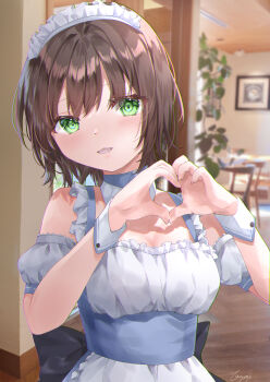 1girl absurdres aoi_erika armband black_hair blurry blurry_background blush breasts brown_hair chair cleavage commentary_request detached_collar female_focus green_eyes heart heart_hands heaven_burns_red highres indoors looking_at_viewer maid maid_headdress medium_breasts short_hair signature solo standing tsumugi-t upper_body wrist_cuffs