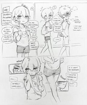2boys ? blush closed_mouth commentary english_commentary english_text graphite_(medium) greyscale highres male_focus monochrome multiple_boys navel open_mouth original renocoffee short_hair short_shorts short_sleeves shorts shota speech_bubble spoken_question_mark traditional_media very_short_hair