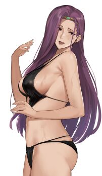 1girl alternate_costume bikini black_bikini breasts brown_eyes circlet female_focus fire_emblem fire_emblem_echoes:_shadows_of_valentia from_side hand_up highres j@ck large_breasts long_hair medium_breasts midriff navel nintendo open_mouth purple_hair sideboob simple_background skindentation solo sonya_(fire_emblem_gaiden) straight_hair strap_gap swimsuit very_long_hair wet white_background