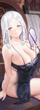 1girl armpit_crease blue_eyes blush breasts crossed_legs curvy hand_fan huge_breasts li_zhiheng lingerie long_hair looking_at_viewer mature_female mole mole_on_breast mole_under_eye my_harem_grew_so_large_i_was_forced_to_ascend no_panties official_art parted_lips sitting solo underwear white_hair