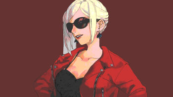 1girl 91007 alternate_costume black_shirt commentary_request contemporary earrings edelgard_von_hresvelg edelgard_von_hresvelg_(timeskip) fire_emblem fire_emblem:_three_houses jacket jewelry nintendo red_jacket shirt side_ponytail sunglasses white_hair