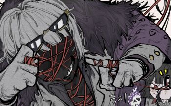 1boy 1girl aged_down bags_under_eyes black_fur blunt_bangs censored censored_identity character_request coat coat_on_shoulders commentary_request eyewear_on_head formal_clothes fur-trimmed_coat fur_trim highres limbus_company open_clothes open_coat project_moon red_eyes red_rope rope ryoshu_(project_moon) shirt short_hair smile string string_of_fate suit tinted_eyewear user_vdfv8273 white_hair white_shirt white_suit yellow-framed_eyewear