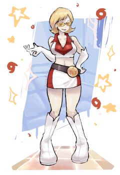 1girl bare_shoulders belt black_belt blonde_hair boots breasts cleavage collarbone collared_shirt commission crop_top elbow_gloves gloves go-rock_squad go-rock_squad_grunt_(pokemon) hand_on_own_hip highres midriff mixed-language_commentary nintendo open_mouth pixiv_commission pokemon pokemon_ranger_(series) pokemon_ranger_1 ragou2niko shirt short_hair skirt sleeveless sleeveless_shirt smile solo standing star_(symbol) tinted_eyewear variant_set white_boots white_gloves white_shirt white_skirt yellow-tinted_eyewear