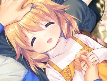 1boy 1girl :d apron black_shoes blonde_hair blue_pants blush chishima_mako closed_eyes facing_viewer fang game_cg hand_on_another&#039;s_head long_sleeves medium_hair non-web_source open_mouth pants piyodera_mucha ribbed_sweater shoes sleeves_past_wrists smile solo_focus soushisouai_lolita_no_seikatsu sweater variant_set white_sweater yellow_apron