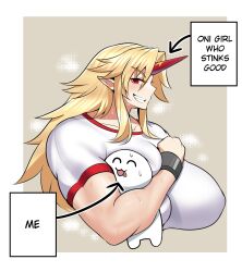 Rule 34 | 1girl, 1other, ^ ^, absurdres, altronage, arrow (symbol), artist self-insert, blonde hair, blush, breast smother, breasts, brown background, closed eyes, commentary, cuffs, english commentary, english text, face to breasts, fang, grin, highres, horns, hoshiguma yuugi, huge breasts, licking, long hair, muscular, muscular female, oni, pointy ears, profile, red eyes, red horns, shirt, short sleeves, sidelocks, simple background, single horn, smell, smile, steaming body, sweat, teeth, tongue, tongue out, touhou, upper body, very long hair, white shirt