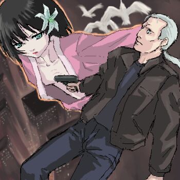 1boy 1girl age_difference android aqua_eyes batou_(gits) bird black_hair building city denim downblouse dutch_angle expressionless flat_chest flower ghost_in_the_shell glowing gun hadaly hair_flower hair_ornament hibiscus holding innocence jacket japanese_clothes jeans kimono lipstick long_hair lowres makeup midriff no_bra oekaki open_clothes open_jacket open_kimono open_robe outdoors pants ponytail robe shimano_natsume shirt short_hair silver_hair upper_body weapon white_eyes