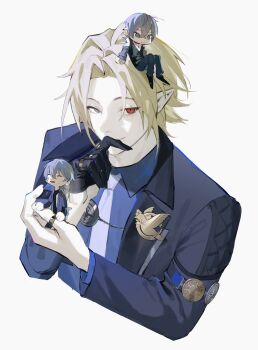 3boys badge black_gloves black_jacket black_shirt black_shoes blonde_hair blue_jacket blue_pants blue_shirt chain chinese_commentary closed_eyes closed_mouth collared_shirt commentary_request dual_persona gloves gold_ring grey_eyes grey_hair hand_on_own_face hands_up heterochromia highres holding hugo_vlad jacket jewelry judyfang5 lapels layered_sleeves long_sleeves looking_at_another looking_at_viewer looking_down male_focus mini_person miniboy multiple_boys multiple_rings necktie open_clothes open_jacket open_mouth pants pointy_ears red_eyes ring shirt shoes short_hair short_over_long_sleeves short_sleeves simple_background single_glove sitting smile star_ornament sweatdrop upper_body white_background white_necktie wise_(zenless_zone_zero) zenless_zone_zero