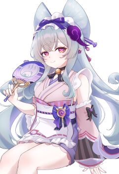 Rule 34 | 1girl, absurdres, apron, aqua hair, blush, closed mouth, commentary request, folding fan, frilled apron, frilled hairband, frills, genshin impact, hair between eyes, hair ornament, hairband, hand fan, hands on own face, highres, holding, holding fan, iroha (mimi0618xx), japanese clothes, kimono, long hair, long sleeves, looking at viewer, maid, maid apron, maid headdress, nihongami, pink kimono, pointy ears, purple eyes, simple background, smile, solo, upper body, very long hair, wa maid, white apron, white background, yumemizuki mizuki