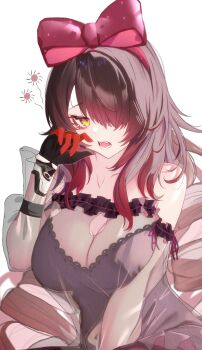 1girl alternate_breast_size_(larger) asymmetrical_bangs black_dress black_nightgown bow bow_hairband breasts breasts_day brown_hair cleavage dress good_breasts_day gradient_hair hair_over_one_eye hairband hashtag-only_commentary higeji_(higeji404) highres hololive large_breasts long_bangs long_hair looking_at_viewer mechanical_arms multicolored_hair nightgown official_alternate_costume official_alternate_hair_length official_alternate_hairstyle open_mouth red_bow red_hairband roboco-san roboco-san_(night_dress) rubbing_eyes see-through_cleavage see-through_clothes see-through_dress_layer see-through_sleeves simple_background single_mechanical_arm solo squeans very_long_hair virtual_youtuber waking_up white_background yawning yellow_eyes