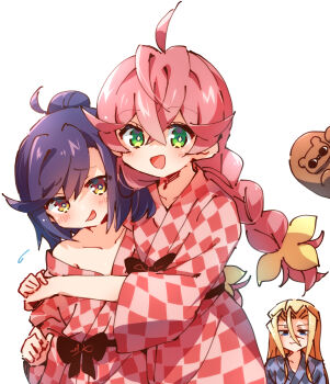 1boy 2girls ;d absurdres acro_trip ahoge arm_around_shoulder bath_yukata bear berry_blossom blonde_hair blue_eyes braid checkered_clothes cowboy_shot date_chizuko diamond-shaped_pupils diamond_(shape) green_eyes hair_between_eyes half_updo highres japanese_clothes kimono kuma_kaijin long_hair looking_at_viewer medium_hair multiple_girls nyaa_(nnekoron) one_eye_closed open_mouth pink_hair purple_hair simple_background smile swept_bangs symbol-shaped_pupils twin_braids yellow_eyes yukata