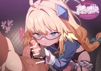 1boy ahoge bar_censor blonde_hair blue_archive blue_eyes censored commentary_request glasses gloves halo handjob hetero highres long_hair multiple_girls official_alternate_costume paid_reward_available penis reisa_(blue_archive) reisa_(magical)_(blue_archive) robo_mikan shimiko_(blue_archive) shimiko_(magical)_(blue_archive) suzumi_(blue_archive) suzumi_(magical)_(blue_archive) variant_set