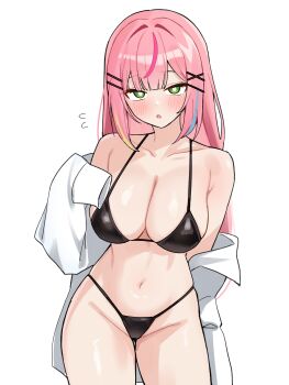 1girl :o absurdres alternate_breast_size_(larger) bikini black_bikini blush breasts bright_pupils center-flap_bangs commentary cowboy_shot green_eyes hair_ornament hairclip hanako_nana highres korean_commentary large_breasts long_hair long_sleeves maksagwa multicolored_hair navel parallel_hairclips parted_lips pink_hair shirt shirt_partially_removed simple_background sleeves_past_fingers sleeves_past_wrists solo standing stellive stomach straight_hair streaked_hair string_bikini swimsuit virtual_youtuber white_background white_pupils white_shirt x_hair_ornament